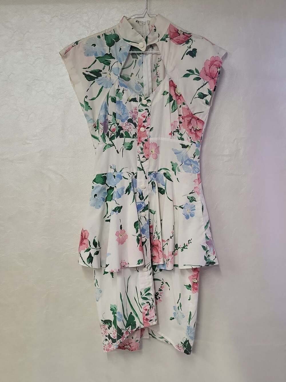 Vintage Floral Peplum Dress White Pink Blue Cutout Neckline